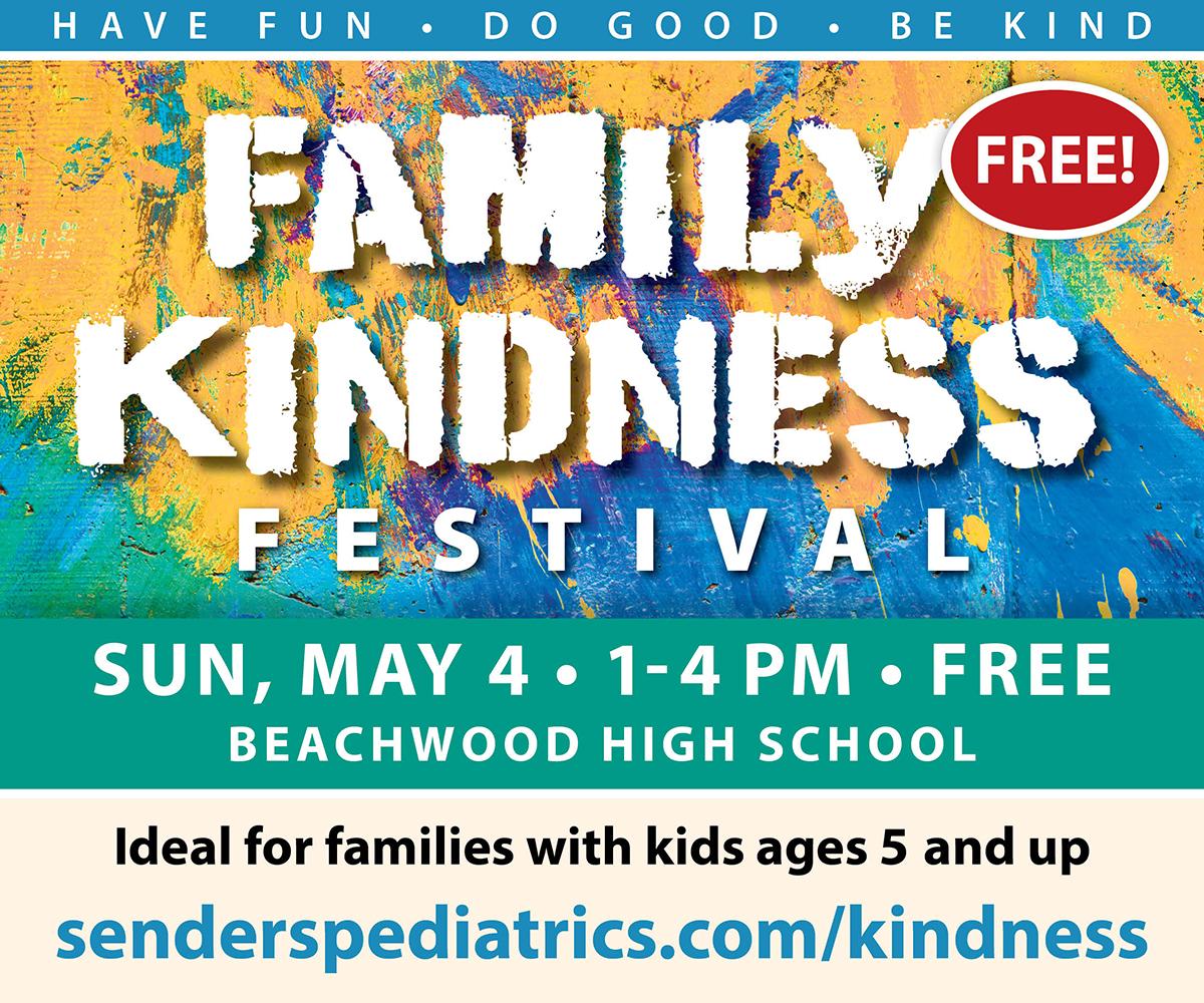 This blue and yellow graphic says "Family Kindness Festival, May 4 from 1-4 p.m. at Beachwood High School."