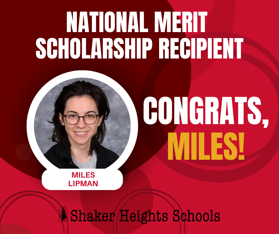 This red graphic shows a picture of Miles Lipman, winner of a National Merit Scholarship.