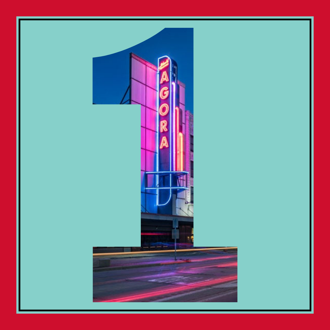 This graphic says 1 with a picture of The Agora.