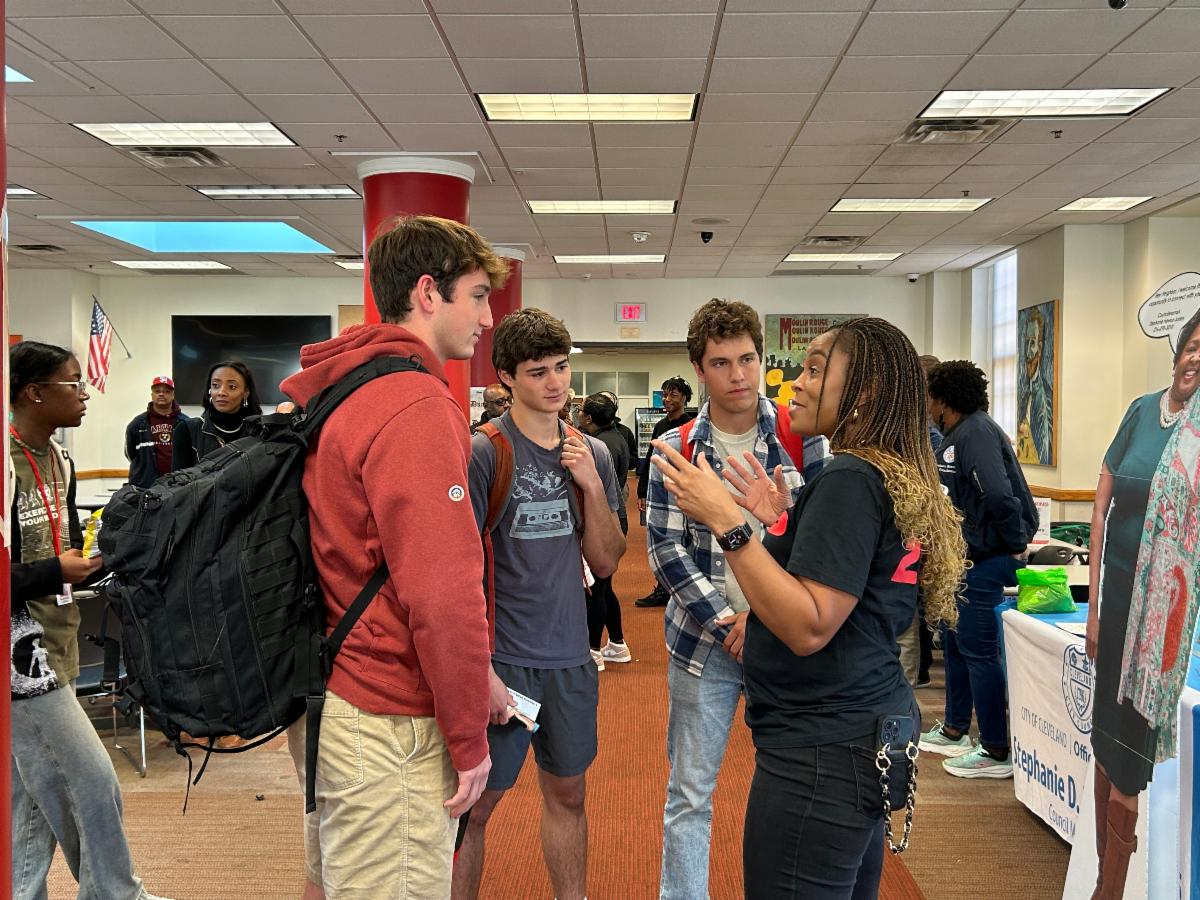 Government students talk to Congresswoman Shontel Brown.