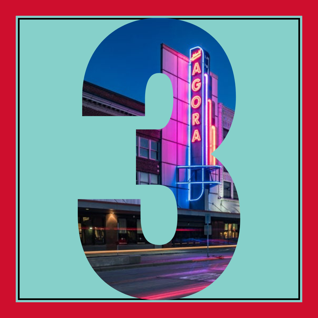This graphic shows the number 3 with a picture of The Agora.