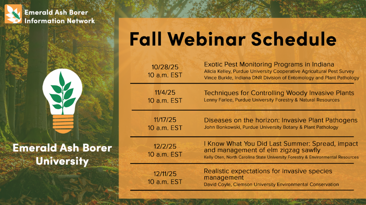 EABU Fall Webinar Schedule Exotic Pest Monitoring Programs in Indiana Alicia Kelley, Purdue University, CAPS State Survey Coordinator and Vince Burkle, Indiana DNR Division of Entomology and Plant Pathology, Assistant Director and Survey Coordinator Tuesda