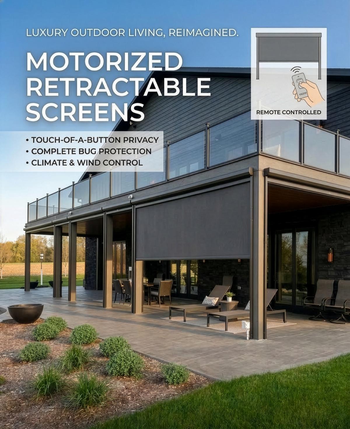 Motorized retractable screens highlighted on a modern outdoor living space
