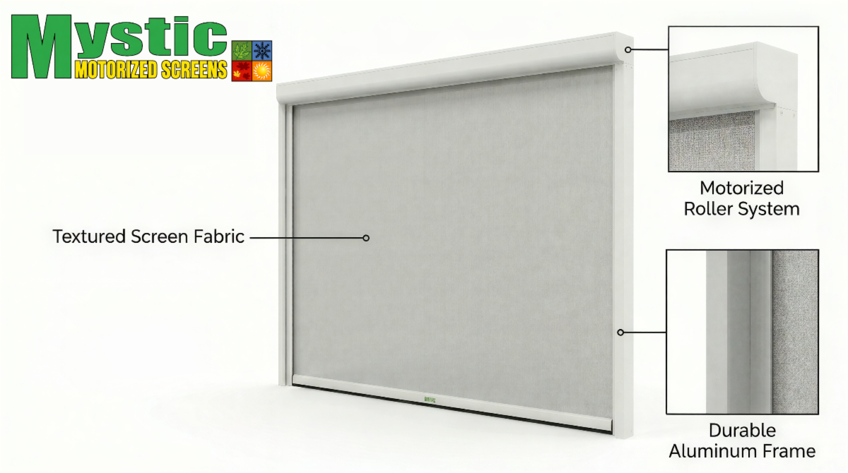 Mystic motorized screen diagram showing screen fabric, roller housing and aluminum frame