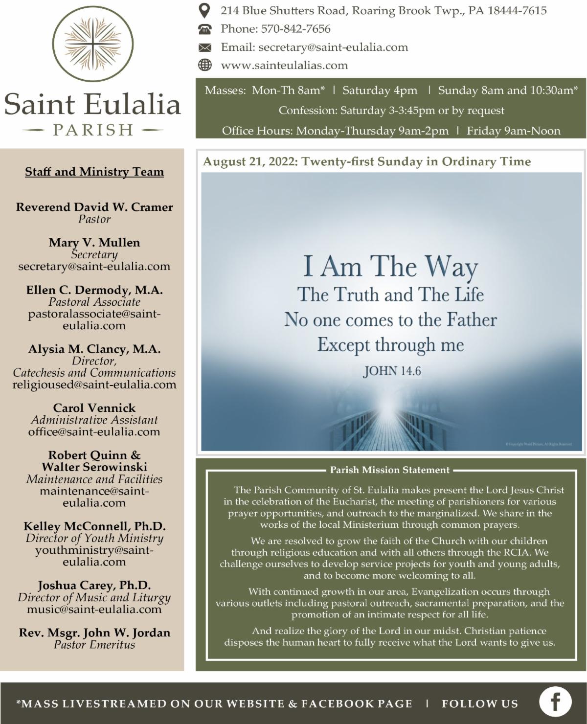 August Church Program Saint Eulalia Parish Bulletin for Sunday, August 21, 2022