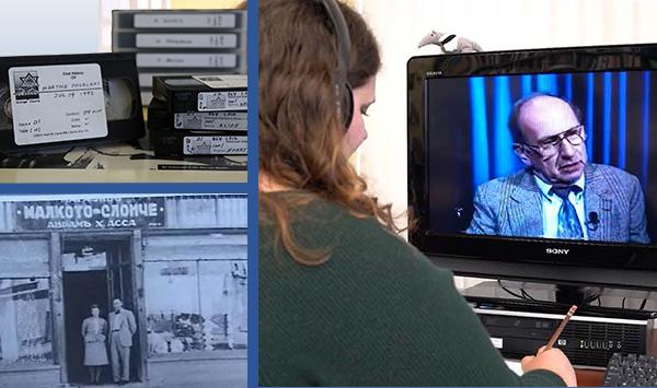 Woman watching oral history interview on computer