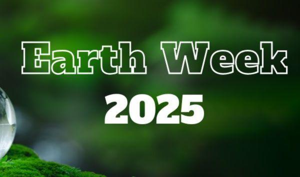 Earth Week 2025 with glass replica of Earth sitting on greenery.