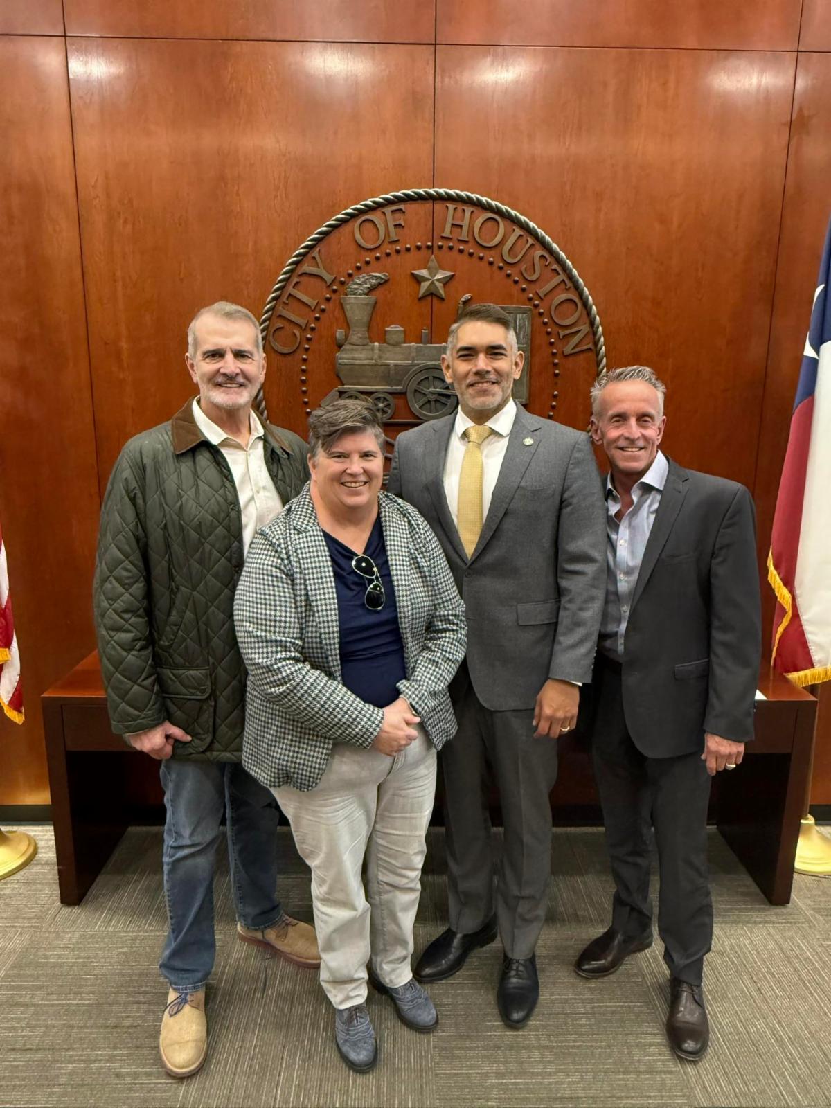TPCF Executive Director, Ron Guillard, Board Member Lisa Madry, Houston District H Councilmember Mario Castillo, and TPCF Board Chair Rev. Stan Sloan