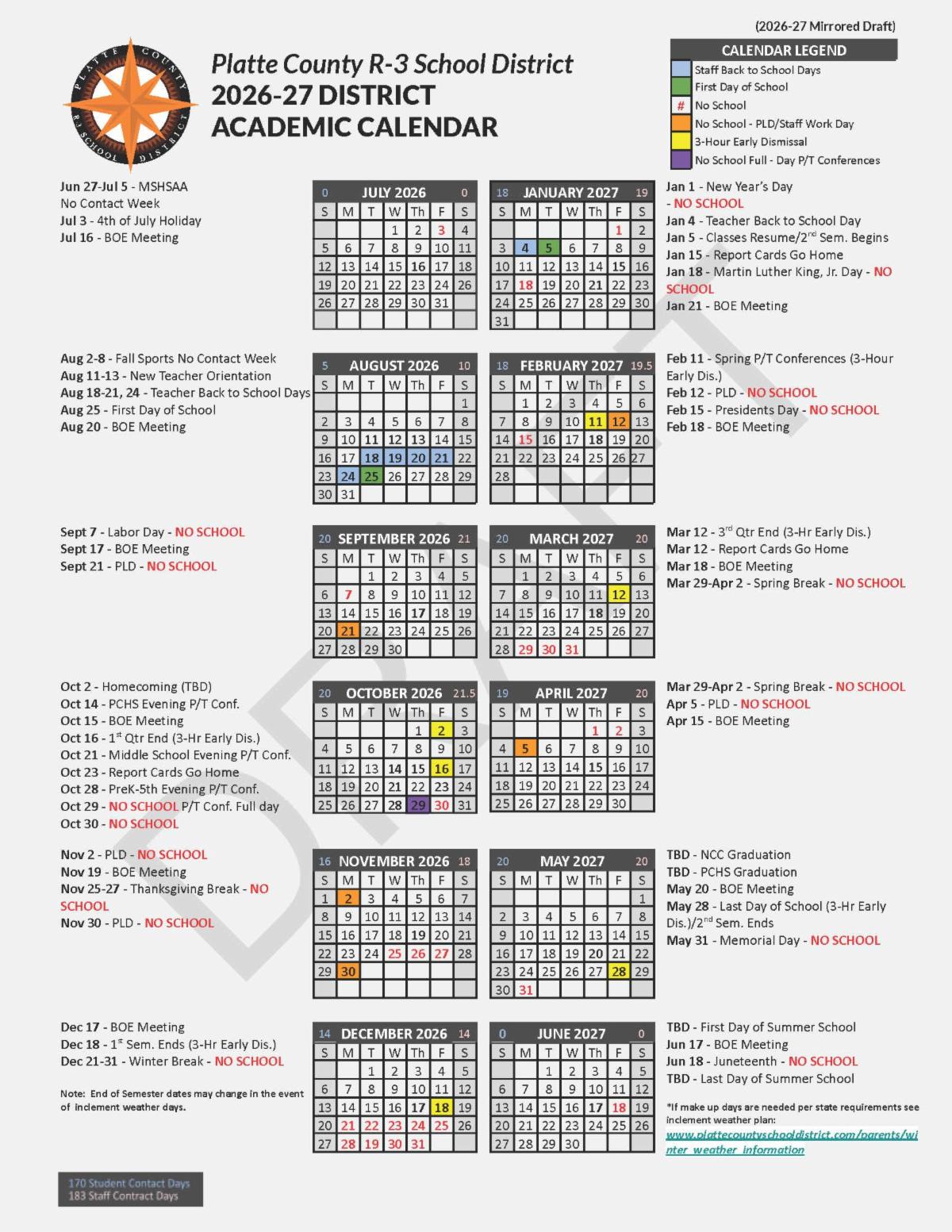 2026-27 Academic Calendar Draft