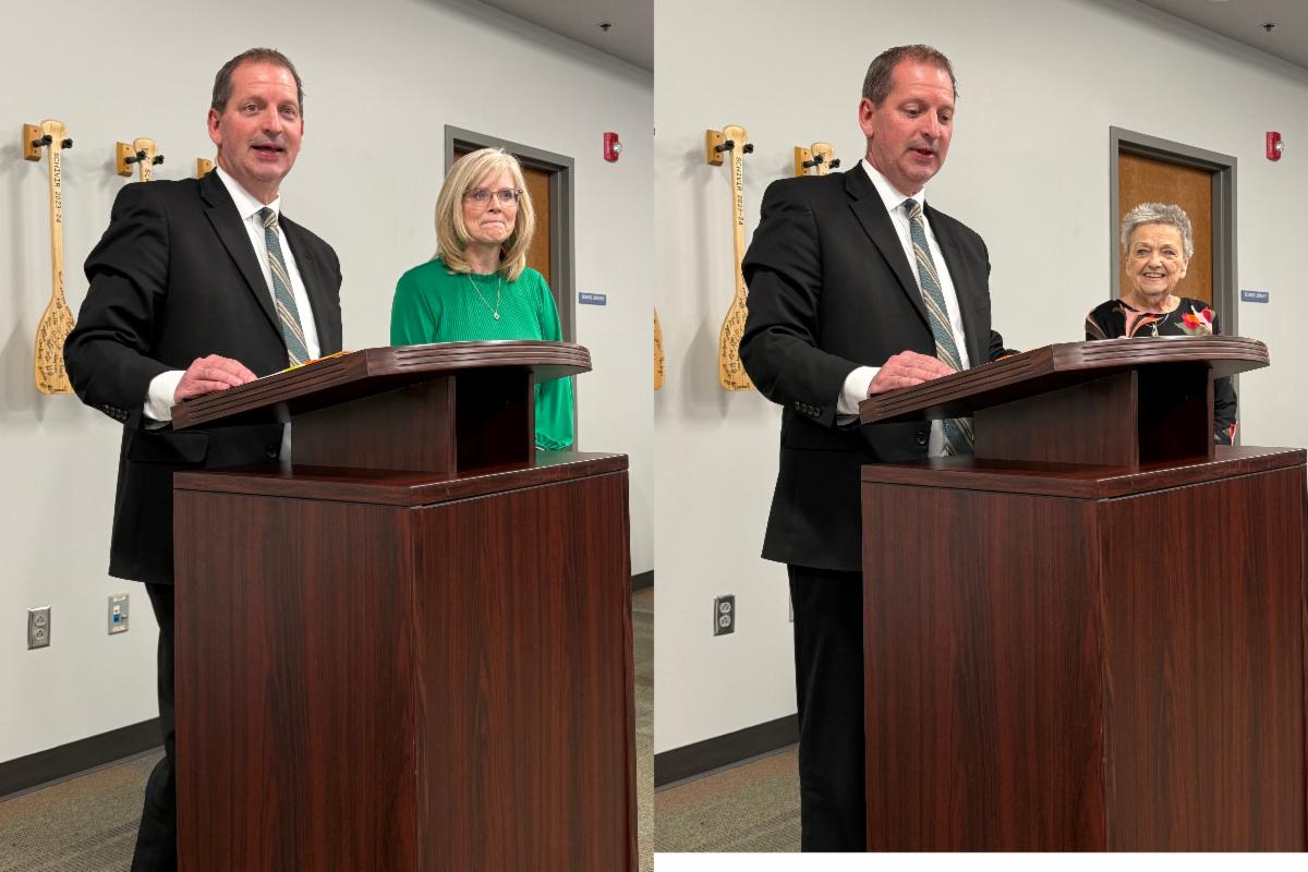 Dr. Jay Harris recognizing board members Amy MacCuish and Sharon Sherwood for Pirate Pride