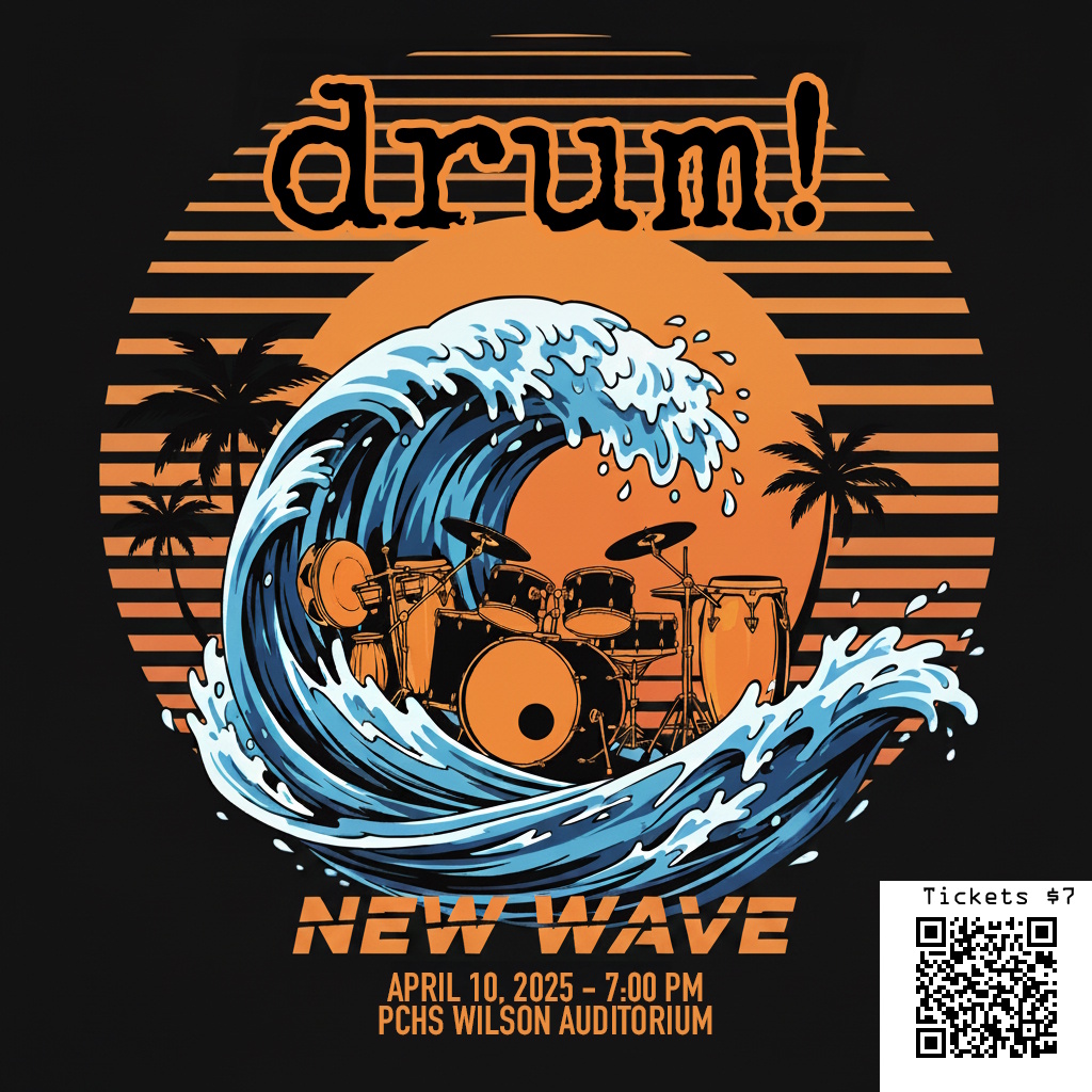 DRUM! Show graphic with a orange drumset and a blue ocean wave