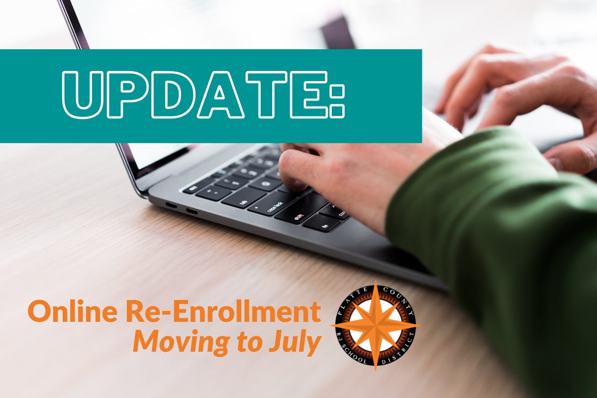 graphic of hands typing on computer with text "Update: Online Re-Enrollment Moving to July"