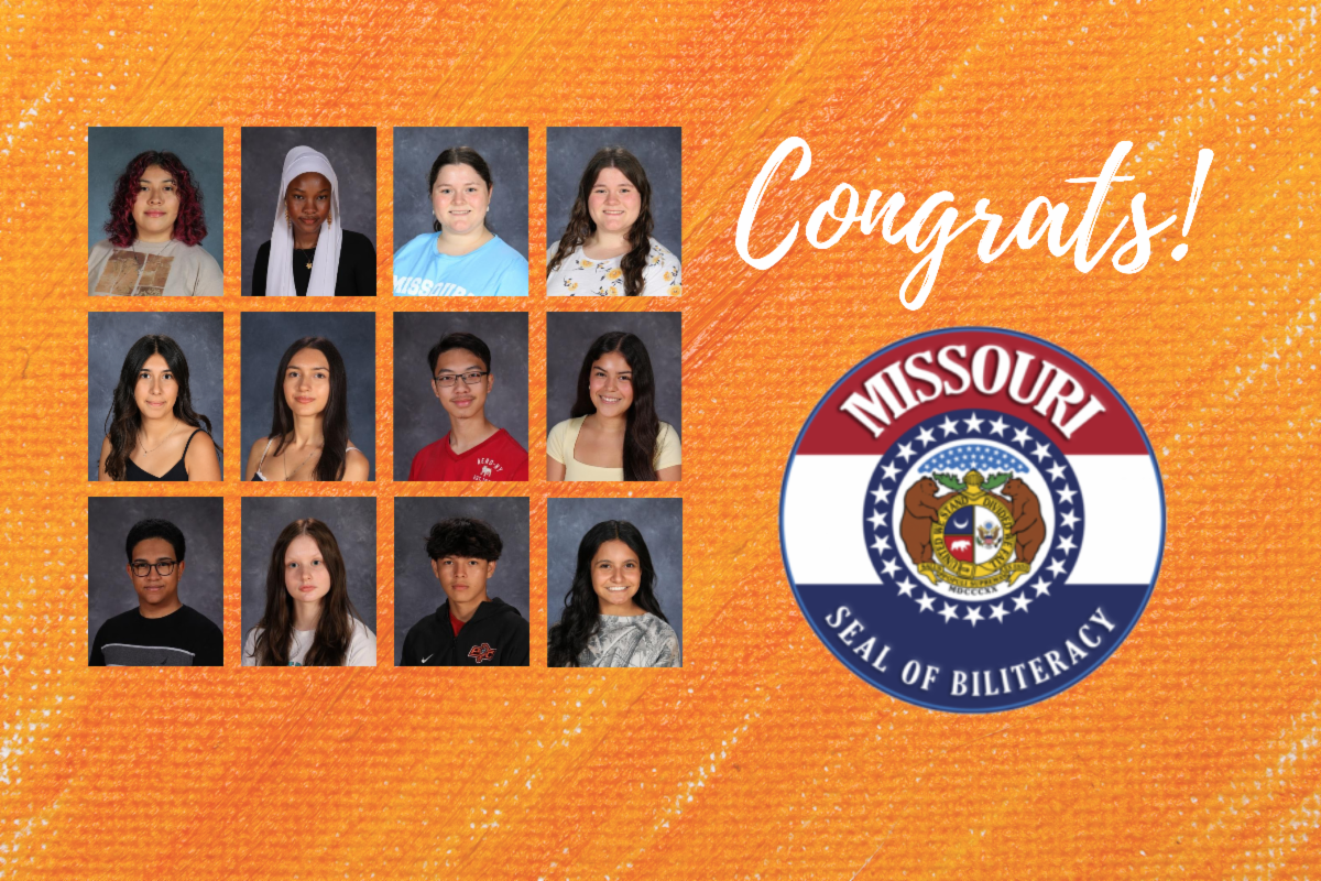 graphic with 12 student photos and the missouri seal of biliteracy