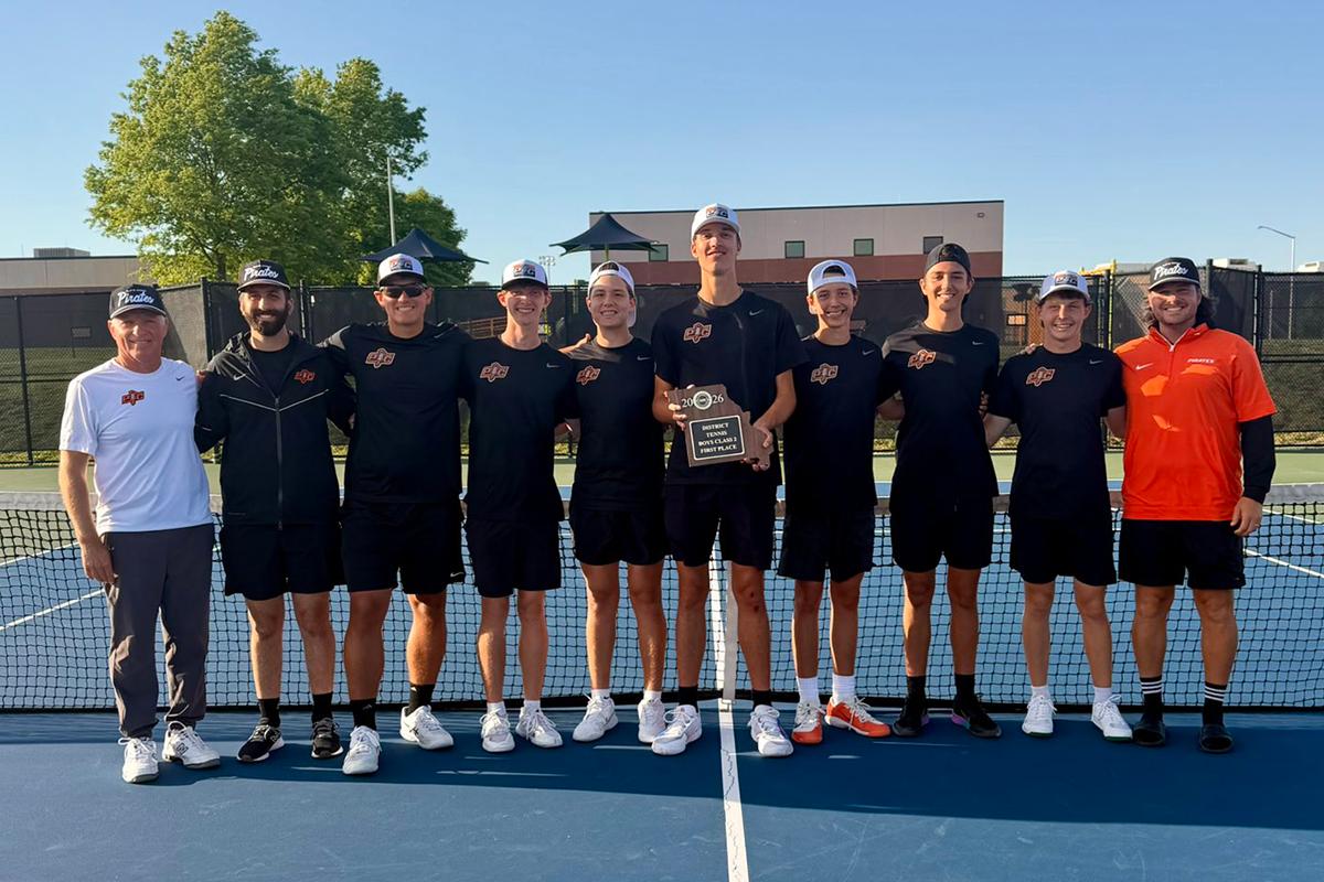 PCHS Tennis team posing with District trophy