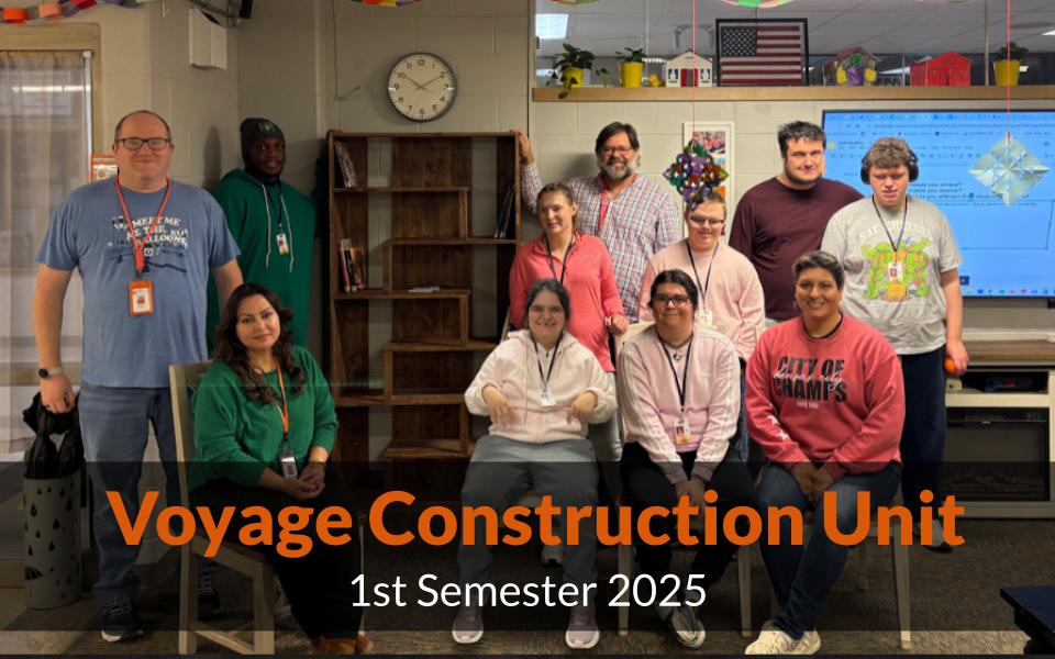 Voyage Construction Unit Slides cover photo - students in front of their bookcase