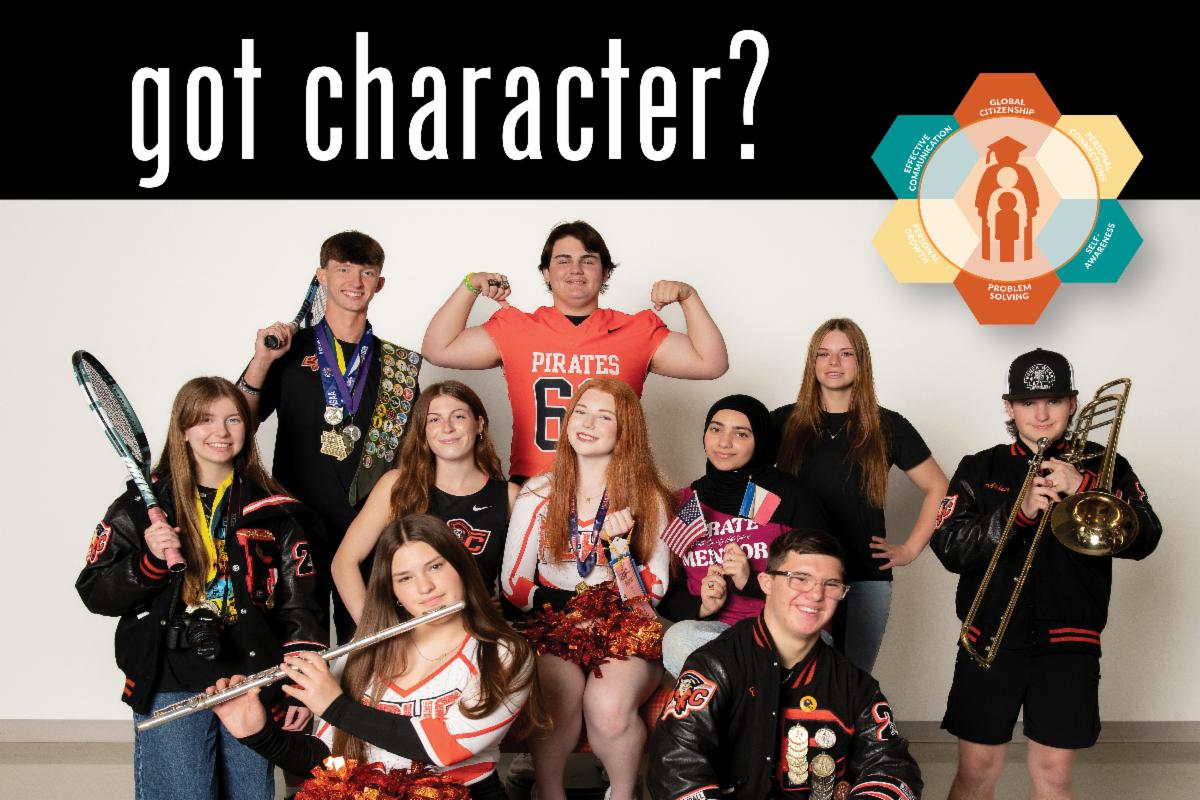 Students posing with "Got Character?" text and Portrait of a Graduate logo