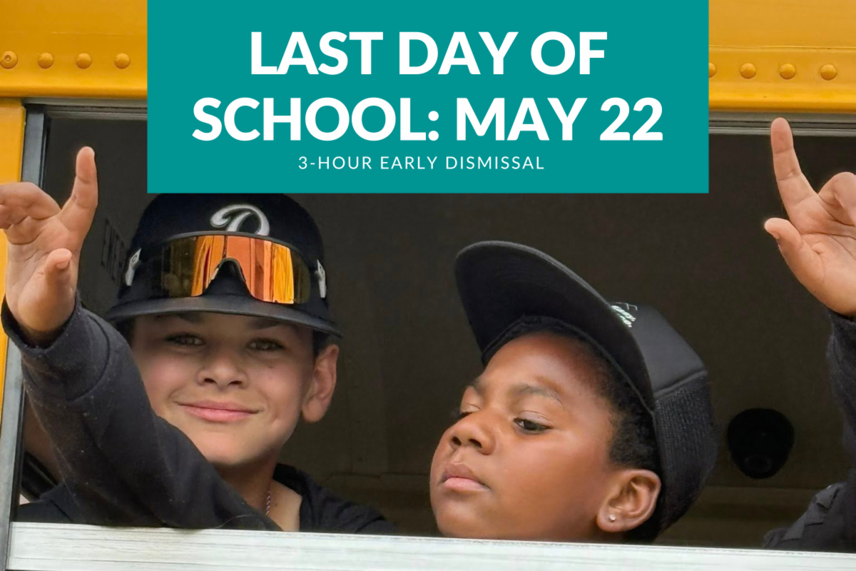 two boys looking out bus window with text: "Last day of school: May 22, 3-hour early dismissal"