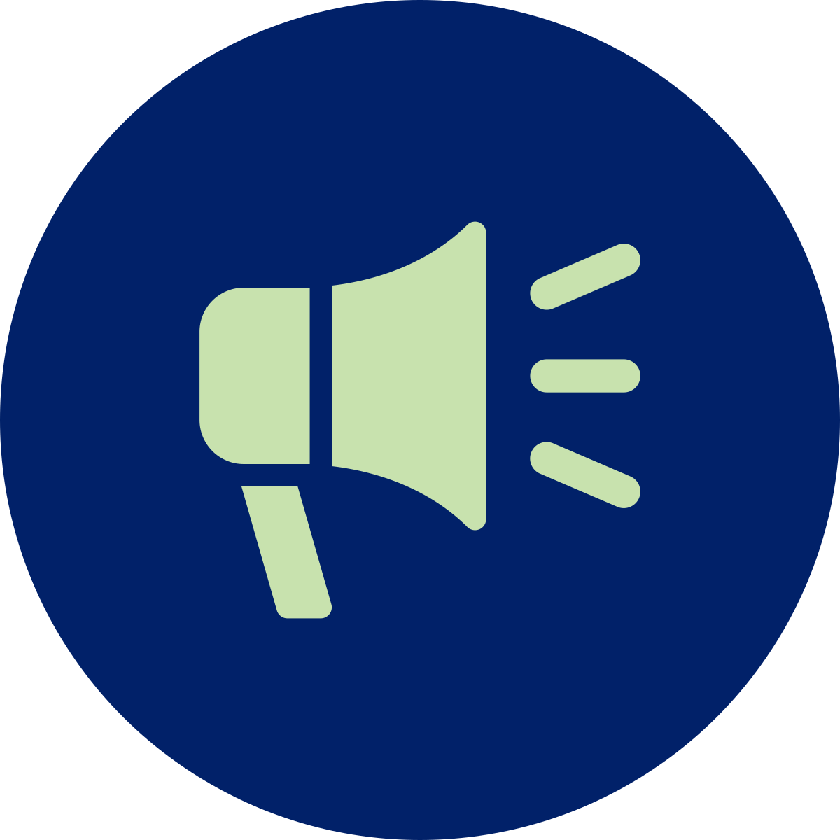 Light green bullhorn icon on a dark blue background. 