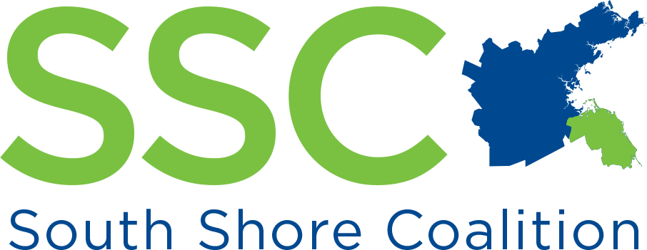 SSC logo. On the left in large, capitalized, green letters it says, "SSC". To the right of that is a blue map of the Greater Boston region, with the SSC subregion colored in light green. Below the letters and map in smaller, blue text it says, "South Shore Coalition".