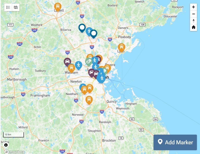 Map of the Greater Boston region with various colored markers all over the map symbolizing public transportation walking and more.