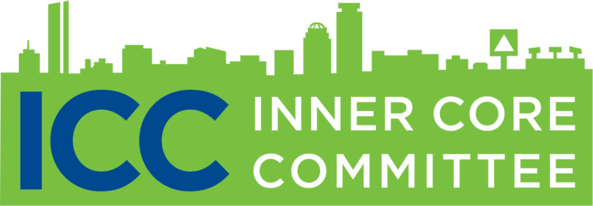 ICC logo. In large capitalized blue letters it says ICC. To the right of that text in smaller capitalized white letters it says Inner Core Committee. All the text is over a light green illustration of downtown Boston.