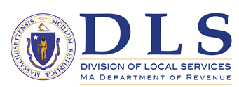 DLS logo. In large blue capitalized letters it says DLS. Smaller text underneath says Division of Local Services MA Department of Revenue. To the left is the MA seal.