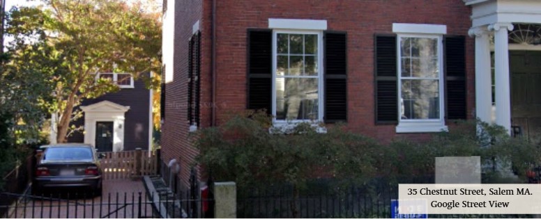 A historic brick home with black shutters at 35 Chestnut Street, Salem, MA, with a small accessory dwelling unit (ADU) visible in the background behind a driveway with a parked car. The image is a Google Street View capture.