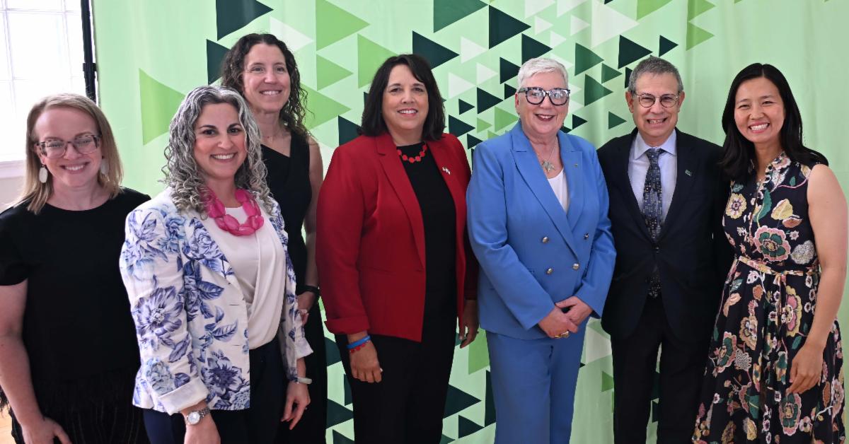 Left to right: MAPC Council President Erin Wortman (Town of Stoneham), MAPC Dep. ED Lizzi Weyant, Braintree Mayor Erin Joyce, LG Kim Driscoll, Ms. Bernadette Jordan (Consul General of Canada to Boston), MAPC ED Marc Draisen, and Boston Mayor Wu