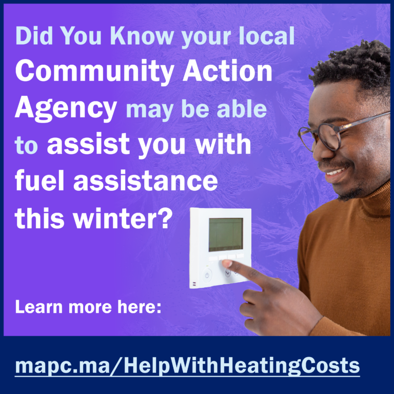A sample social media graphic for municipalities to reach out to residents about their winter heating bills. The post includes a picture of a community member adjusting a thermostat and includes the words "Did you know your local Community Action Agency may be able to help you with fuel assistance this winter?" with a link to learn more.