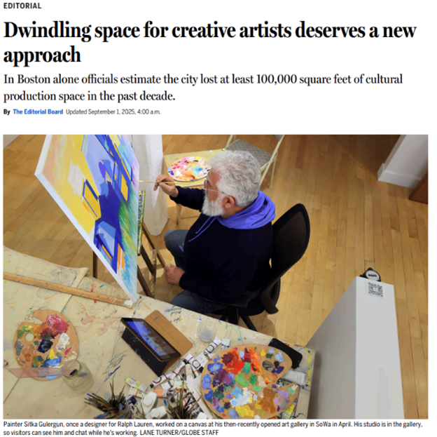 A Boston Globe article published September 1 2025 with a photo of painter Sitka Gulergun working on a colorful canvas in his SoWa gallery studio.