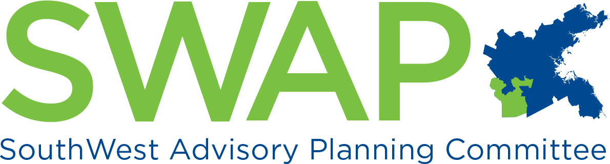 SWAP logo. On the left in large, capitalized, green letters it says, "SWAP". To the right of that is a blue map of the Greater Boston region with the SWAP subregion colored in light green. Under the letters and map in smaller blue text it says, "South West Advisory Planning Committee."