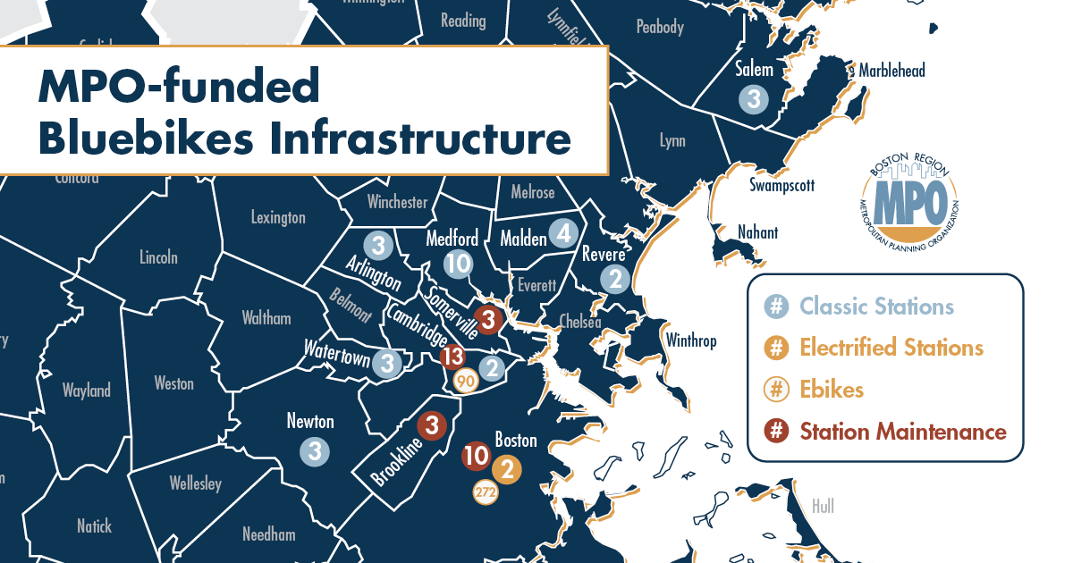 Map of the Boston region tht highlights MPO funded bluebikes infrastructure both electric and classic stations and maintenance.    