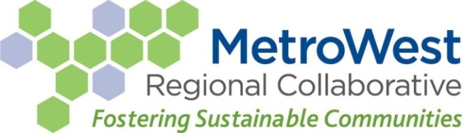 MWRC logo. Blue and green hexagons decorative element on the left. Text on the right says, "MetroWest Regional Collaborative." Underneath that, text reads, "Fostering Sustainable Communities."