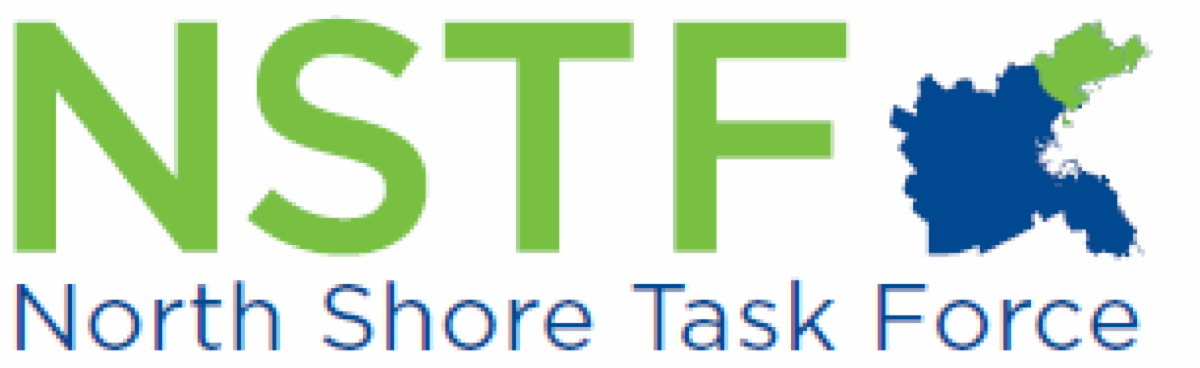 NSTF logo. On the left in large, capitalized, light green letters it says, "NSTF". To the right of the letters is a blue map of the Greater Boston region with the NSTF subregion colored in light green. Under the map and the large, "NSTF" letters is smaller, blue text that says, "North Shore Task Force."