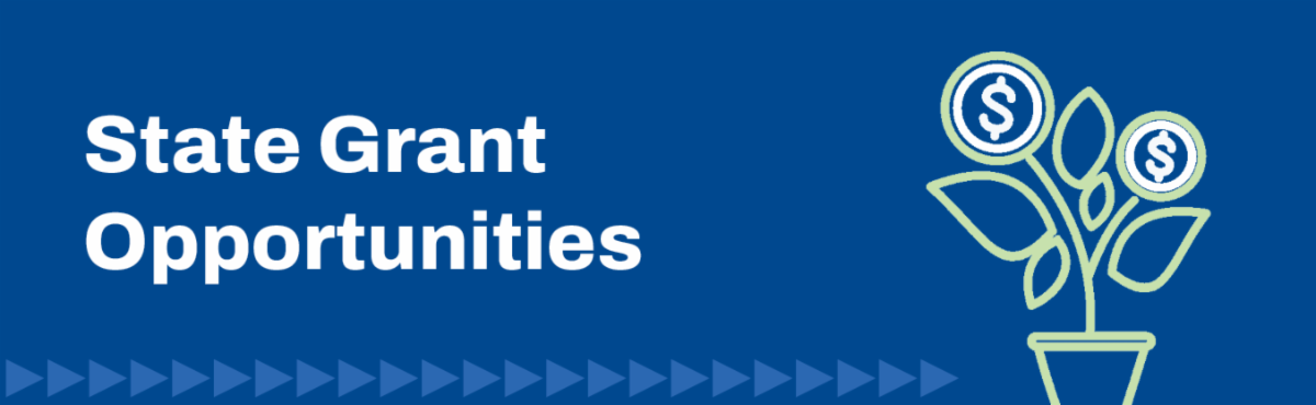 Illustration of a green flower pot with flowers and leaves. To the left of the illustration in white text it says State Grant Opportunities. The background is blue.