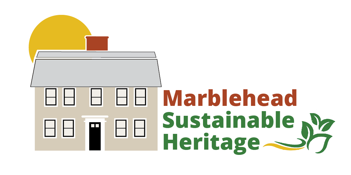 Moses Pickett House. A light brown house with two sories of many windows a black door and gray roof. A round yellow sun is behind the left side of the house. To the right of the house it says Marblehead Sustainable Heritage.