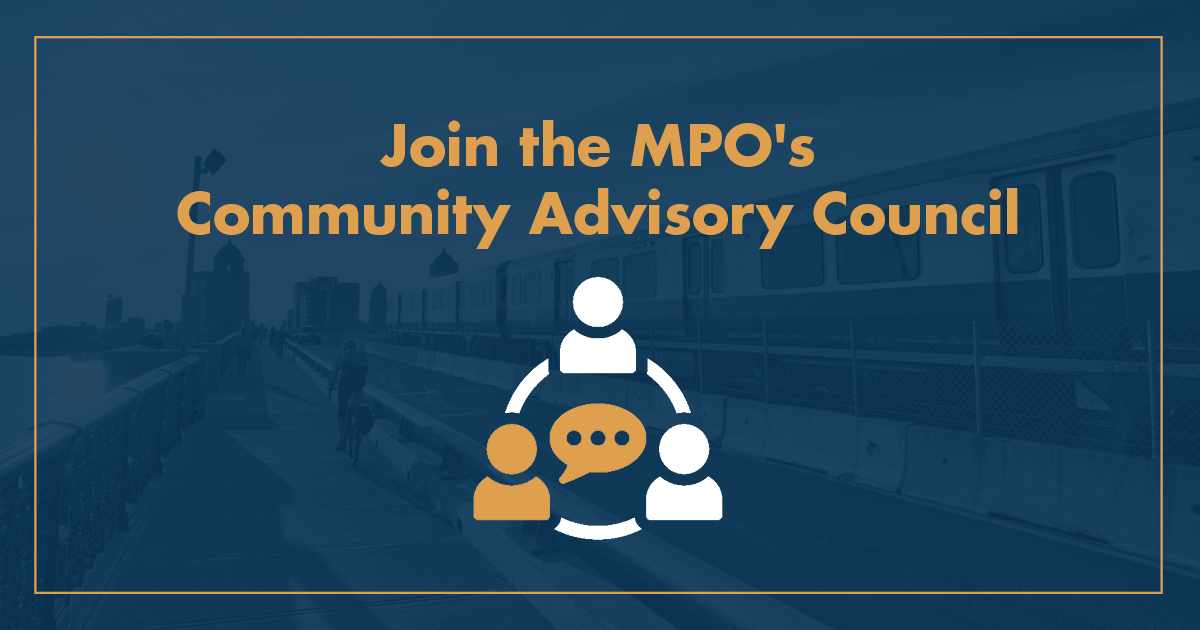 Dark blue background. Orange text that says Join the MPOs Community Advisory Council. Under the text is an icon of three people in a circle with a chat bubble in the middle of them.