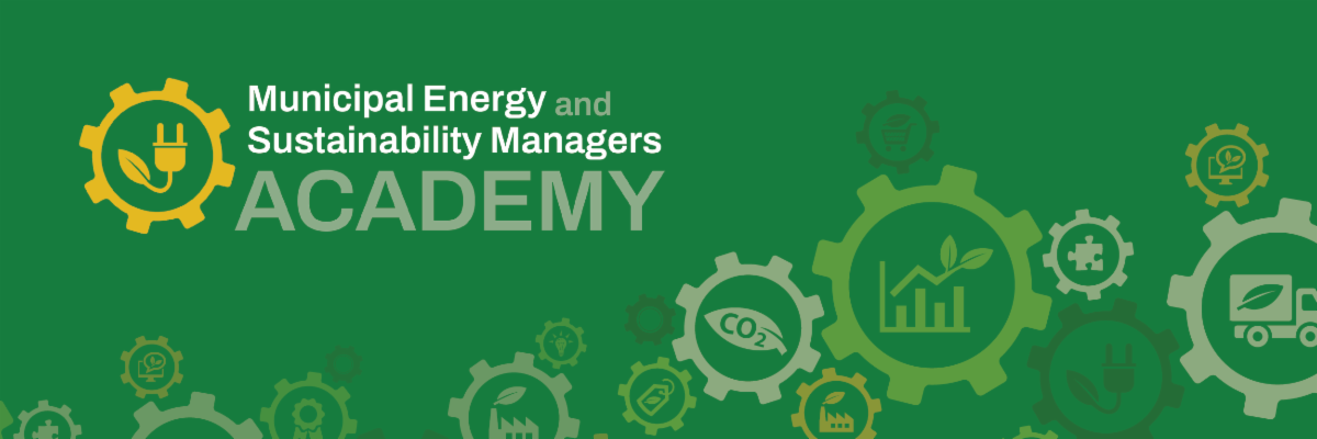 Text over a green abstract background of gears says Municipal Energy and Sustainability Managers Academy.