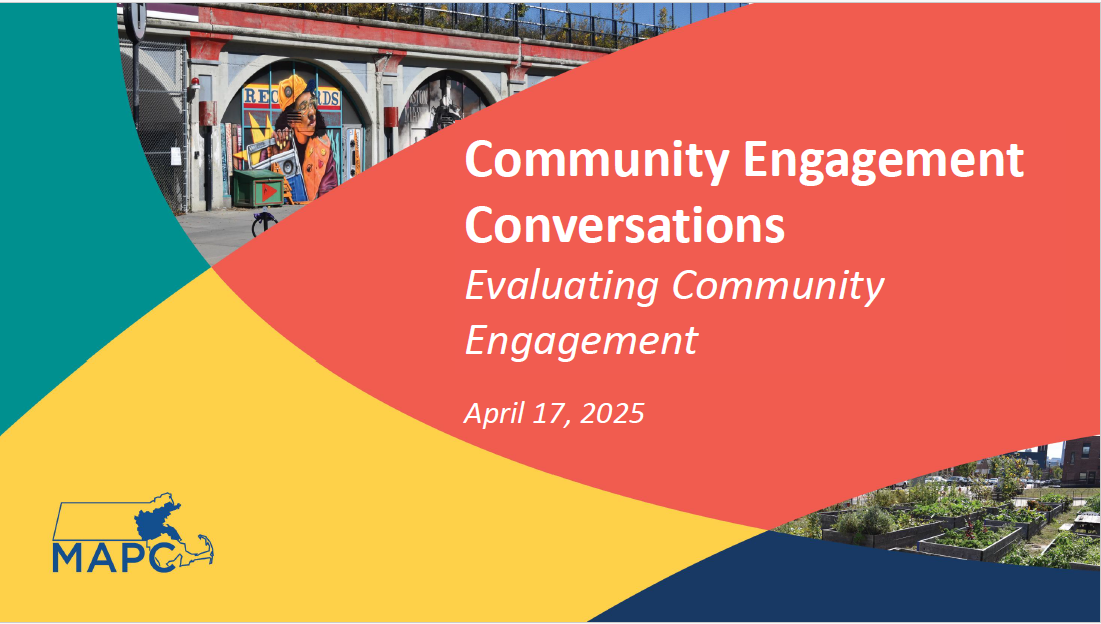 Text over a multi colored background with a photo of a garden and a photo of a downtown area text says Community Engagement Conversations. Facilitating Community Engagement. April 17 2025. 