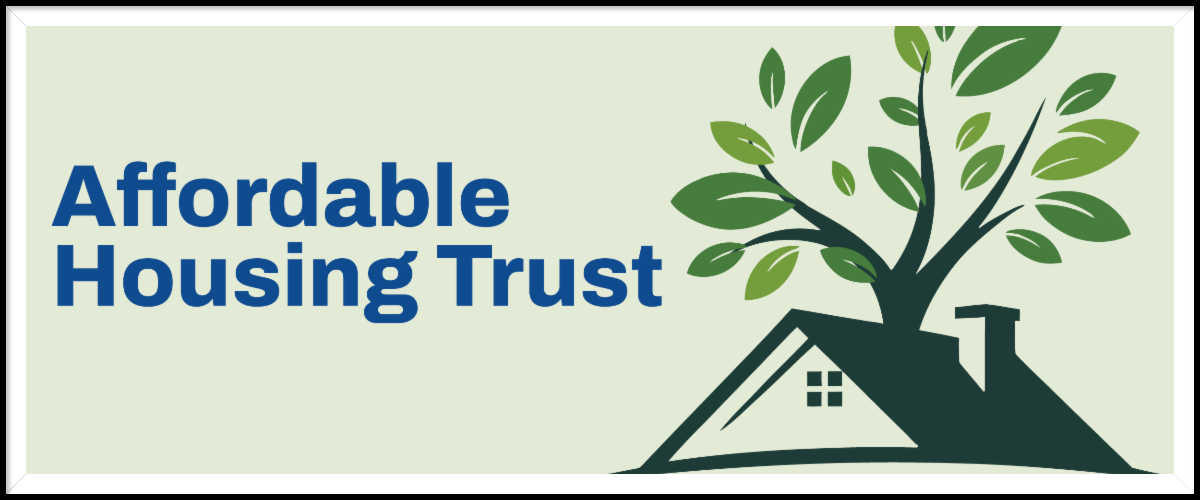 Illustration of the roof of a house with a tree coming out of the top. Text in blue to the left of the illustration says Affordable Housing Trust.