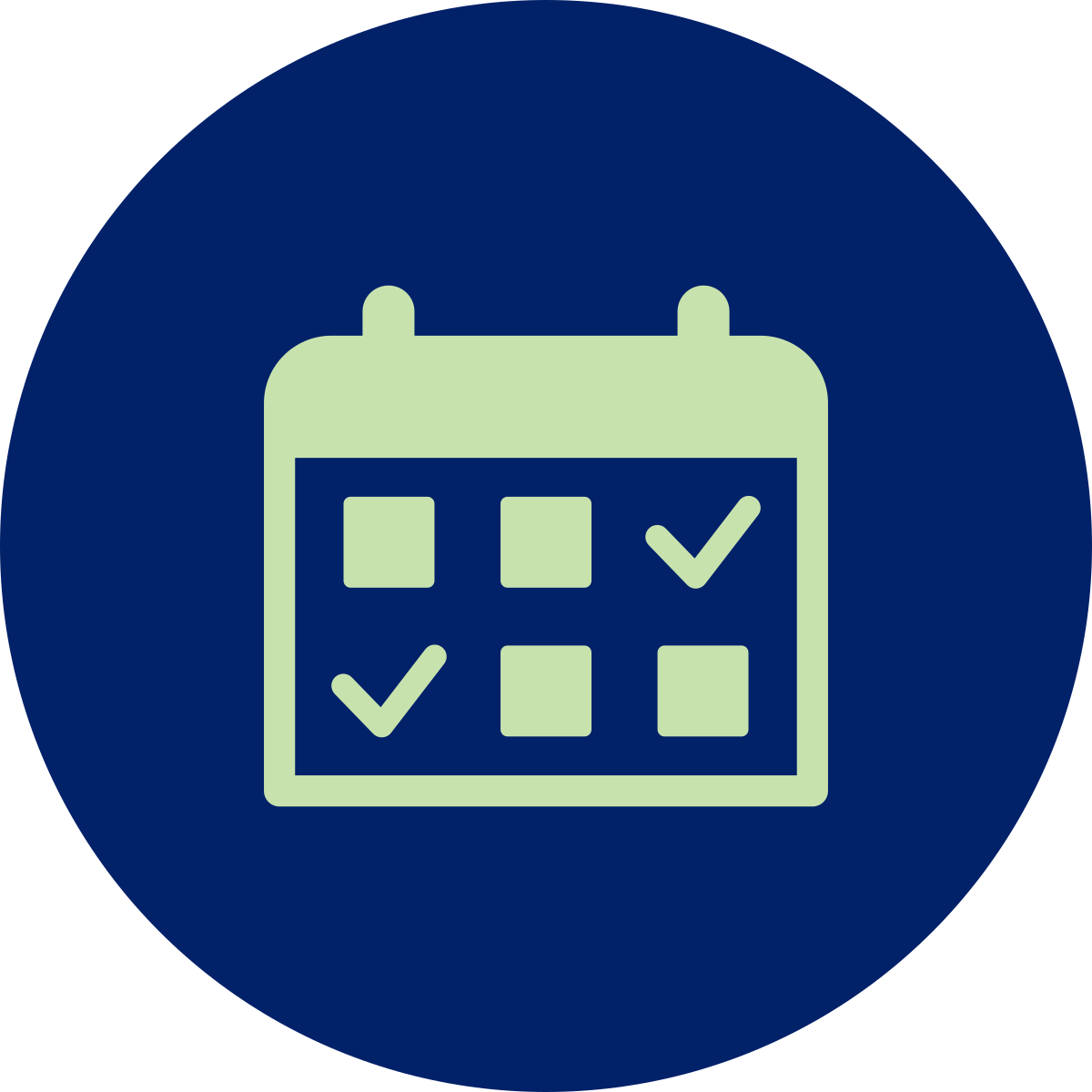 Light green calendar icon with checkmarks on it. The icon is on a dark blue background.