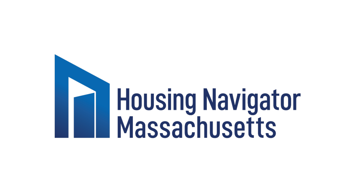 An abstract square and sharp angled design in blue. To the right of the design in blue text it says Housing Navigator Massachusetts.