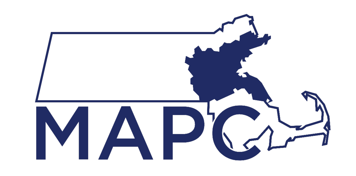 MAPC logo in blue. An outline map of Massachusetts in blue outline, and the communities that MAPC serves are colored in blue. Under the map are big capitalized letters MAPC.