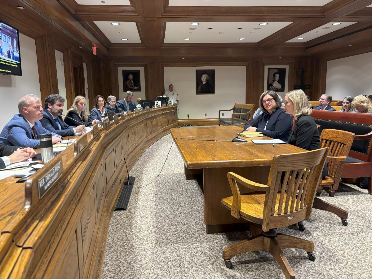 Two women sit at a wooden table speaking into microphones before a panel of legislators in a wood-paneled hearing room with portraits hanging on the walls and several people seated behind them.