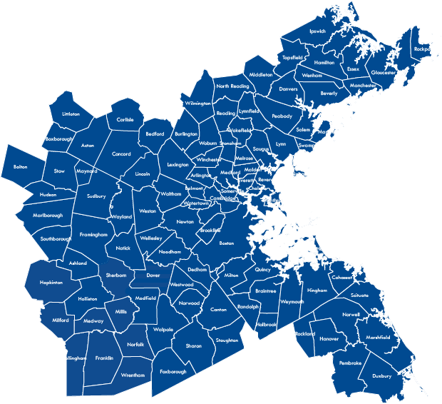 A blue map of the Metro Boston region, broken up into each town and city within the region. The names of each town and city is written in white on the map.