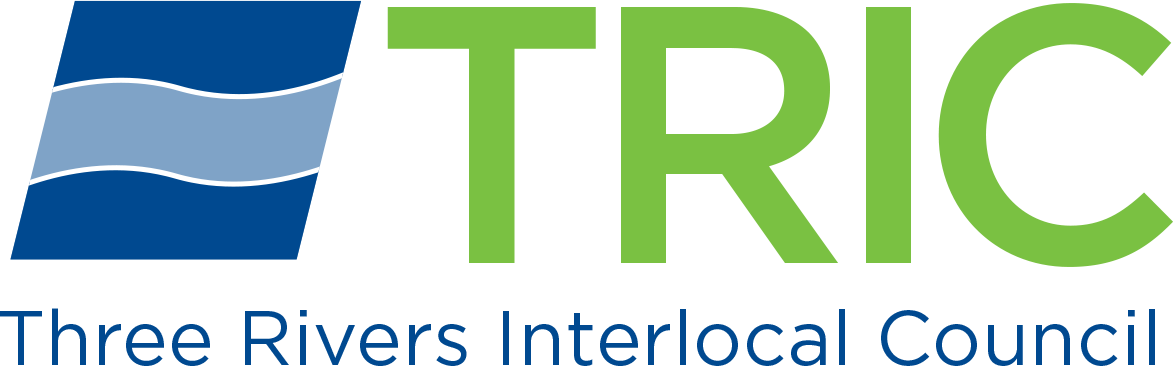 TRIC logo. A blue wavy design on the left. To the right in large capitalized green letters it says TRIC. Below this in blue it says Three Rivers Interlocal Council.