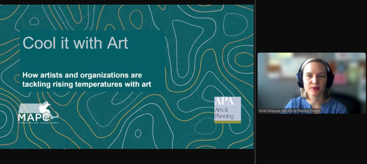 A split-screen webinar view showing a presentation slide titled “Cool it with Art How artists and organizations are tackling rising temperatures with art” beside a woman speaking on camera with a headset and blue top.
