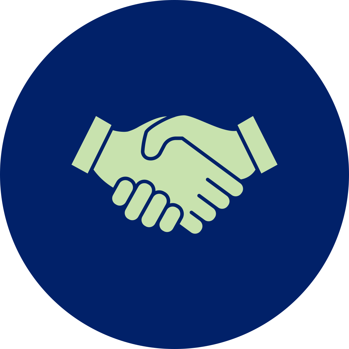 Light green handshake icon on a dark blue background.