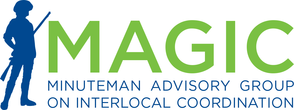 A drawing of a blue minuteman on the left. To the right in large capitalized green letters it says MAGIC. Under that in smaller blue letters it says Minuteman Advisory Group on Interlocal Coordination.