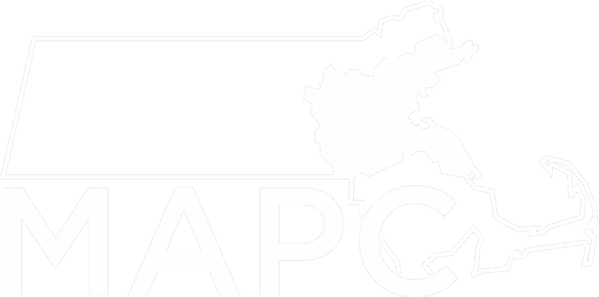 MAPC logo. A transparent map of Massachusetts outlined in white with the Greater Boston region colored in white. Under the map text says MAPC.